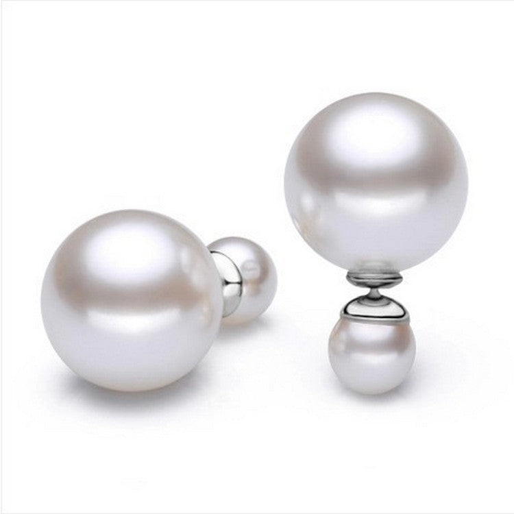 Pearl and Silver-Plated Round Ear Jackets, silver stud earrings for women, dainty minimalist design, front view
