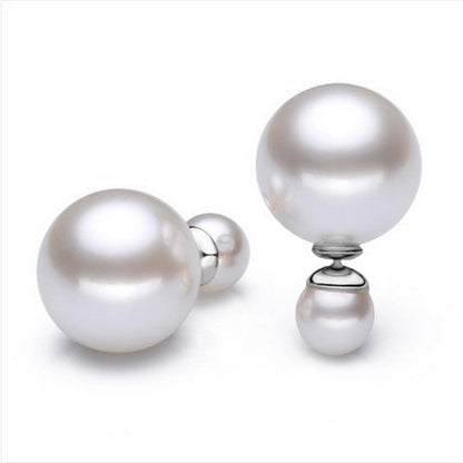 Pearl and Silver-Plated Round Ear Jackets, silver stud earrings for women, dainty minimalist design, front view
