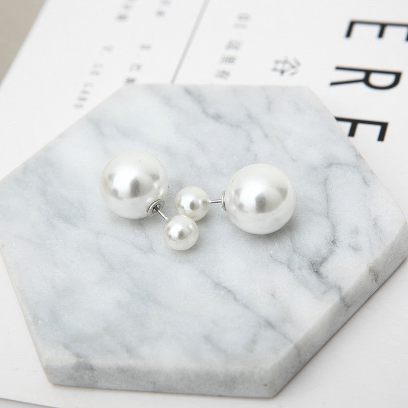 Pearl and Silver-Plated Round Ear Jackets, silver stud earrings for women, dainty minimalist design, detail close-up