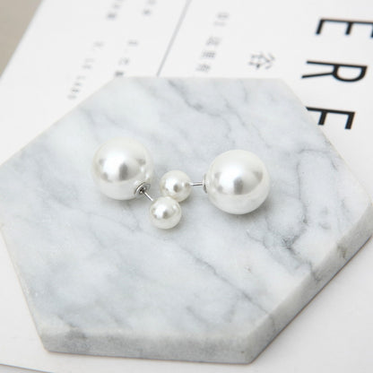 Pearl and Silver-Plated Round Ear Jackets, silver stud earrings for women, dainty minimalist design, detail close-up