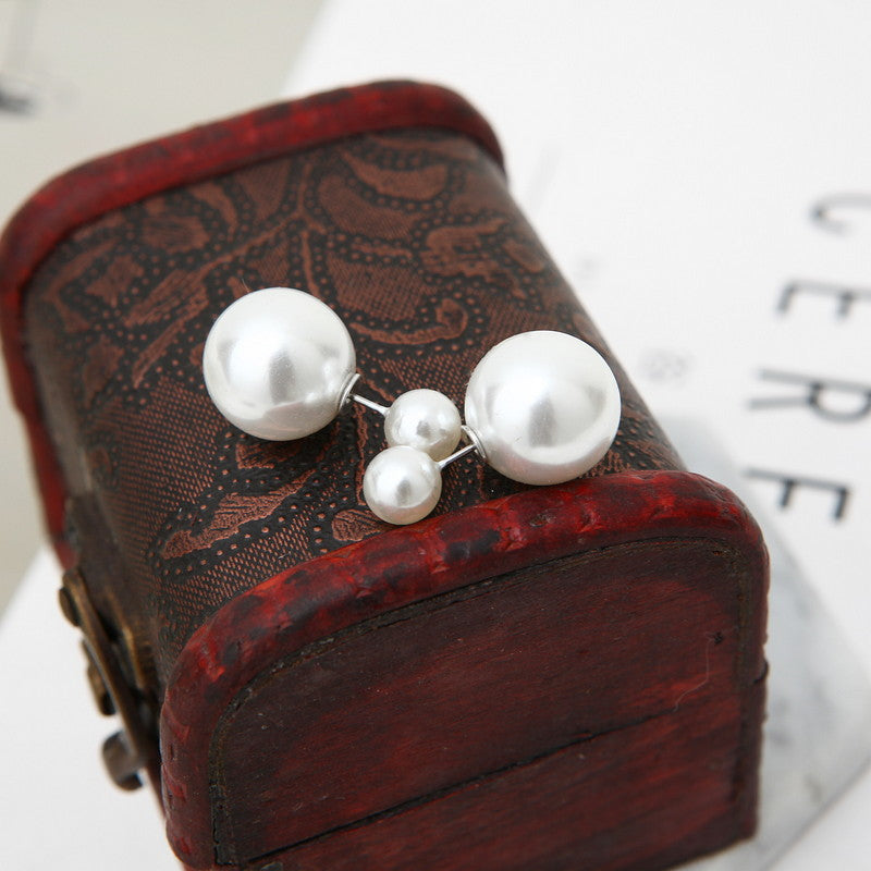 Pearl and Silver-Plated Round Ear Jackets, silver stud earrings for women, dainty minimalist design, side view