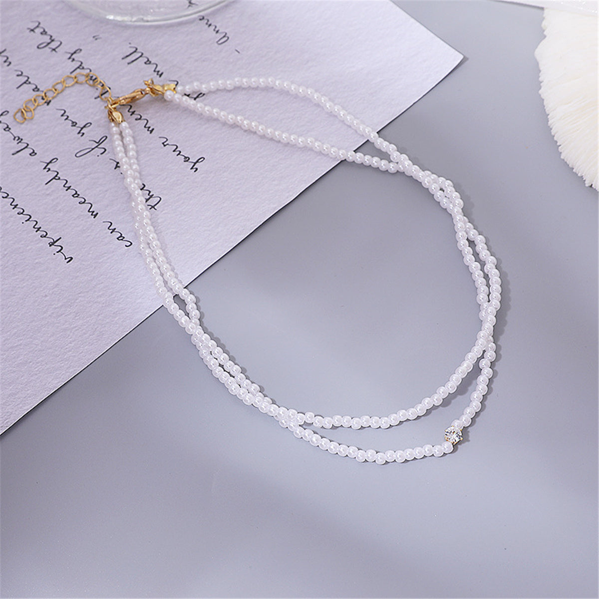 Pearl and Cubic Zirconia 18K Gold-Plated Layered Choker Necklace, chunky gold choker necklace, botanical inspired, front view