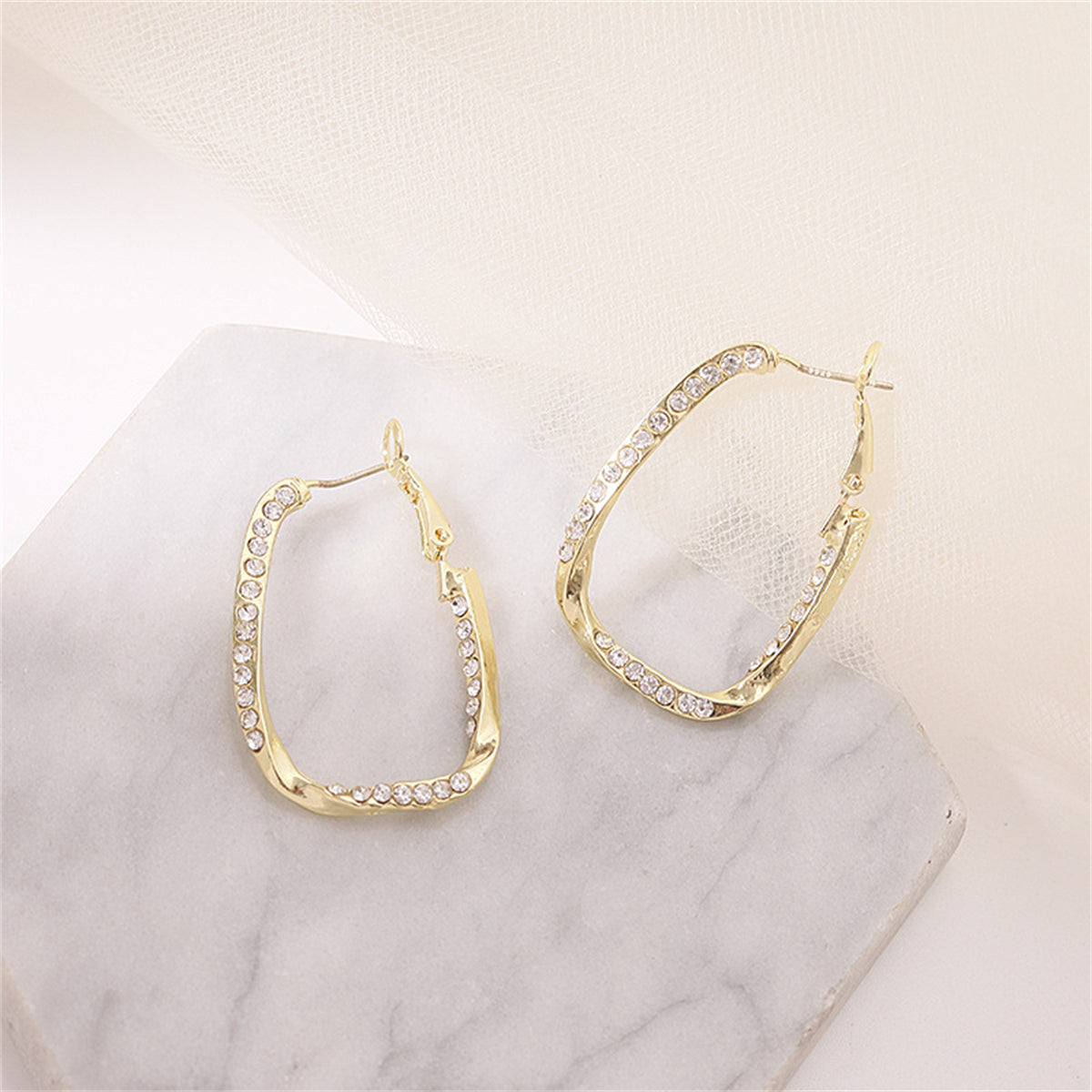 Cubic Zirconia and 18K Gold-Plated Twisted Oval Leverback Earrings, gold drop earrings for women, front view