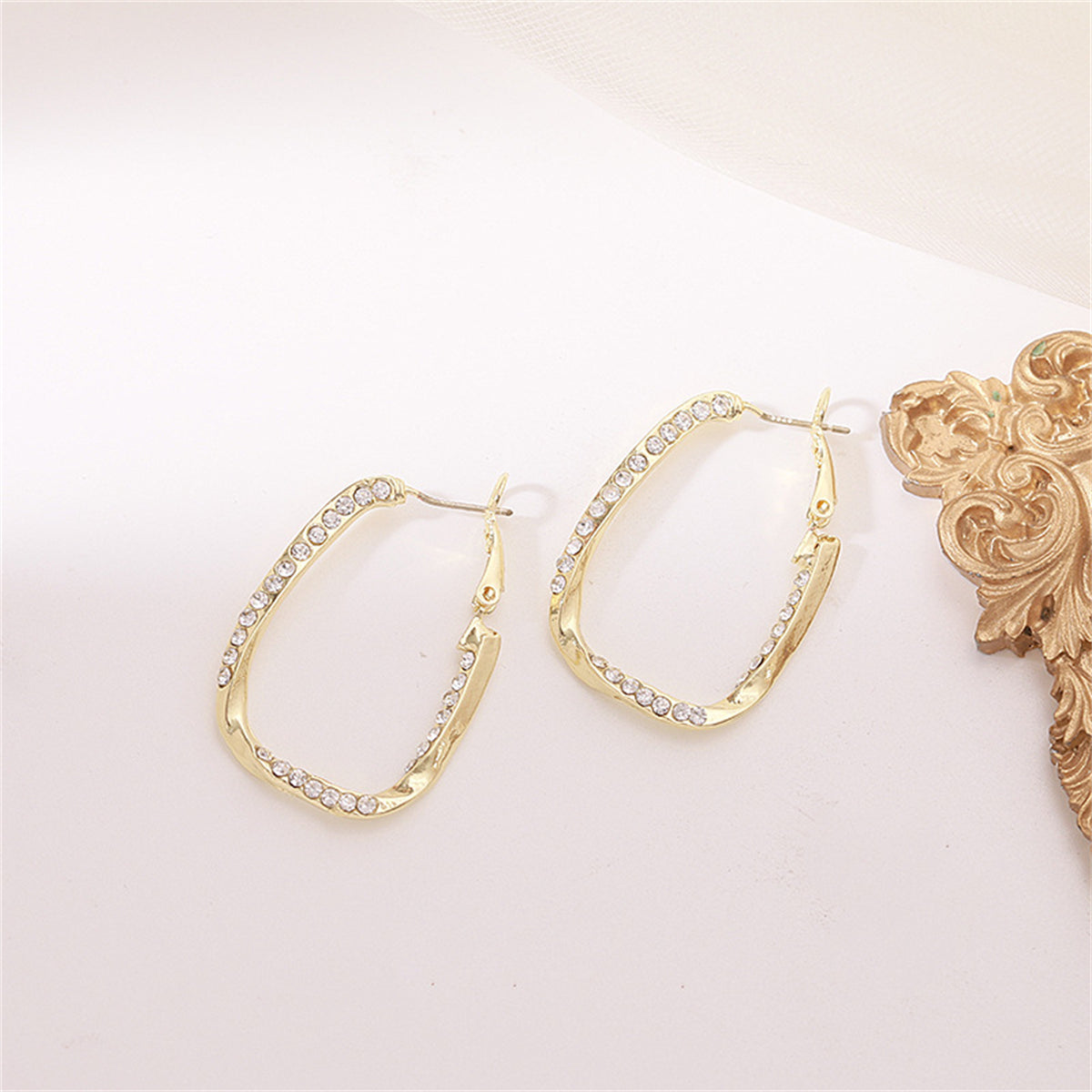 Cubic Zirconia and 18K Gold-Plated Twisted Oval Leverback Earrings, gold drop earrings for women, detail close-up