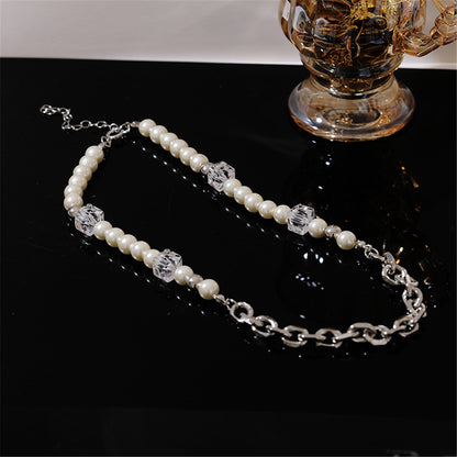Pearl and Crystal Silver-Plated Cable Chain Beaded Necklace, silver pendant necklace for women, front view