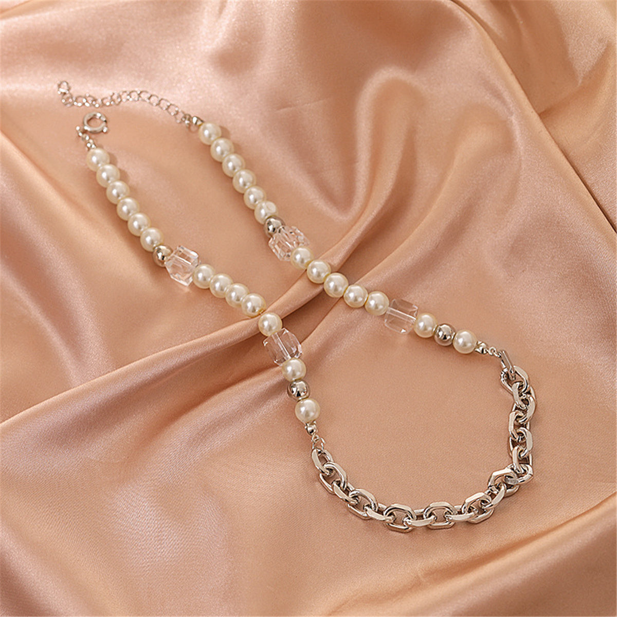Pearl and Crystal Silver-Plated Cable Chain Beaded Necklace, silver pendant necklace for women, lifestyle look