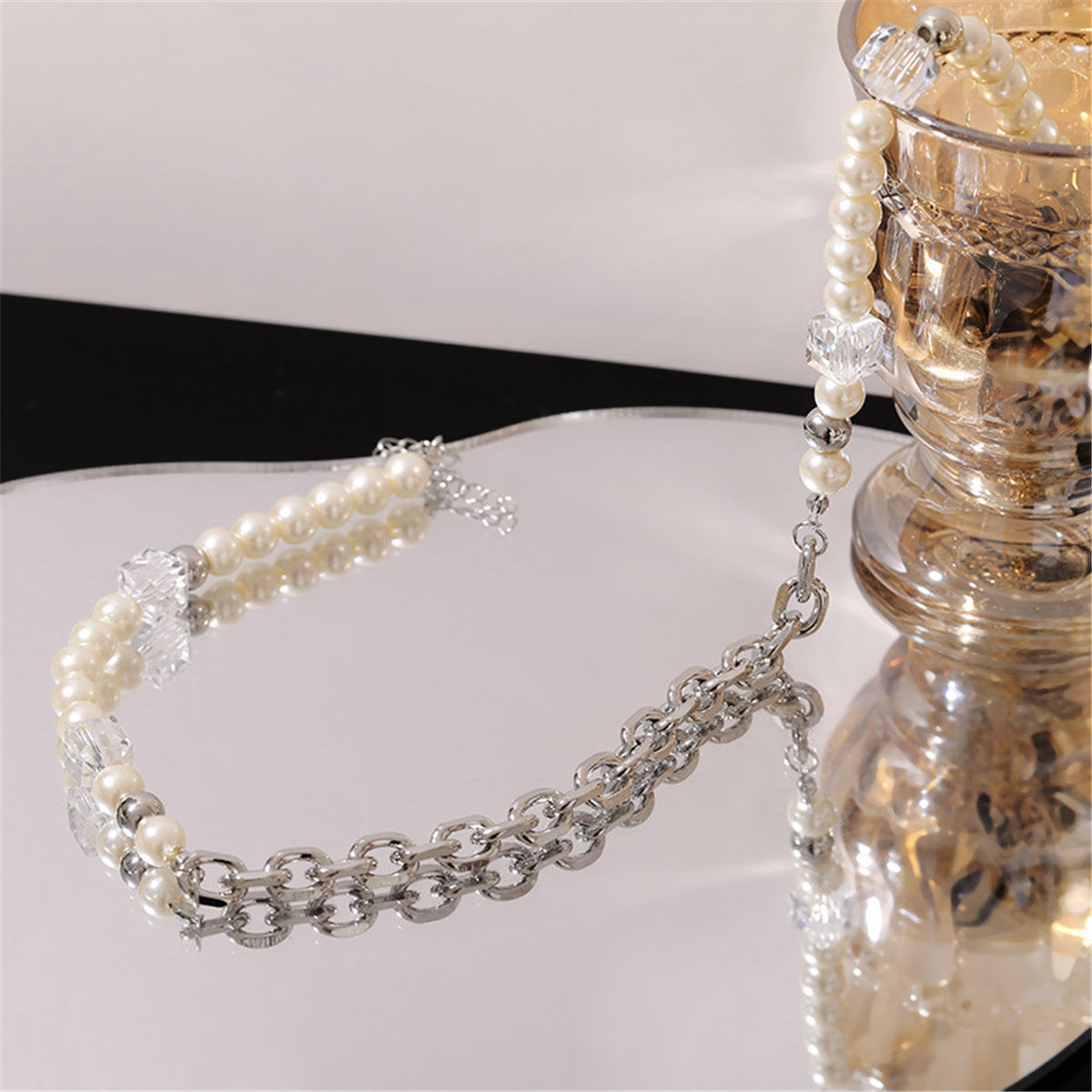 Pearl and Crystal Silver-Plated Cable Chain Beaded Necklace, silver pendant necklace for women, side view