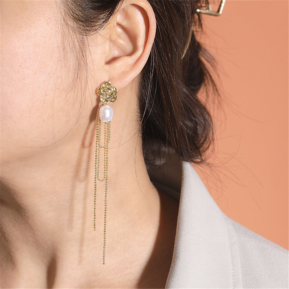 Pearl and 18K Gold-Plated Floral Tassel Drop Earrings, gold drop earrings for women, everyday style, front view