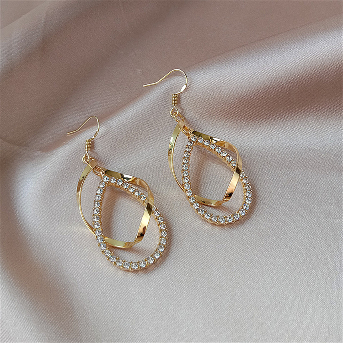 Cubic Zirconia and 18K Gold-Plated Twisted Teardrop Earrings, gold drop earrings for women, detail close-up