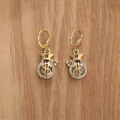 Cubic Zirconia and 18K Gold-Plated Wallet US Dollars Sign Drop Earrings, gold huggie earrings, lifestyle look