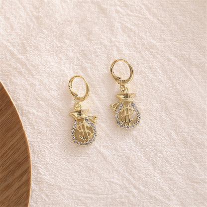 Cubic Zirconia and 18K Gold-Plated Wallet US Dollars Sign Drop Earrings, gold huggie earrings, styled look