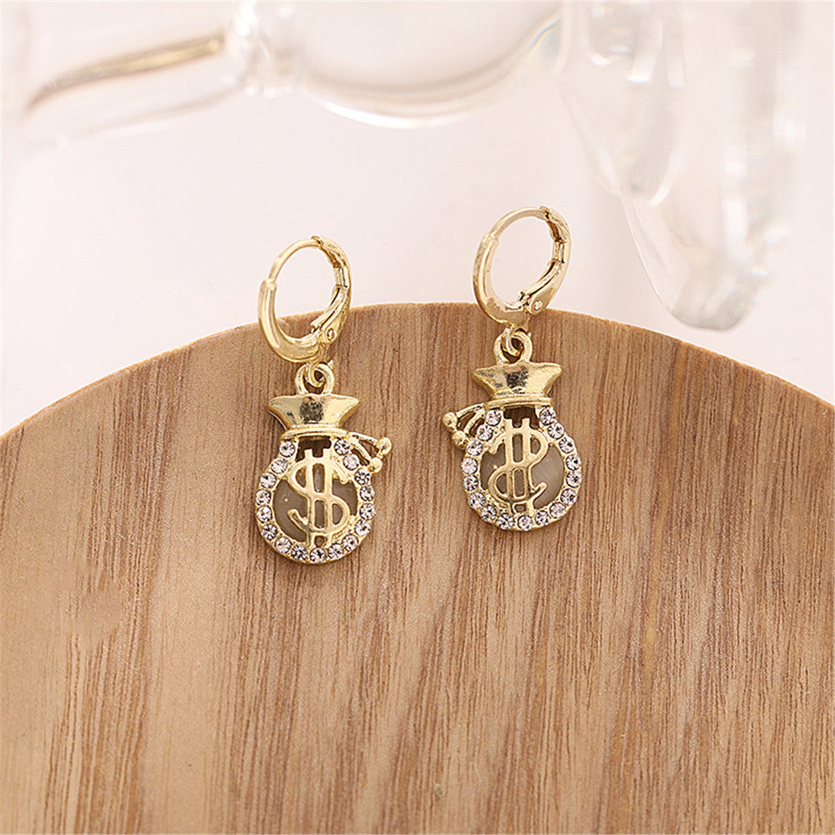 Cubic Zirconia and 18K Gold-Plated Wallet US Dollars Sign Drop Earrings, gold huggie earrings, side view