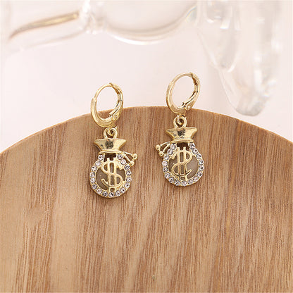 Cubic Zirconia and 18K Gold-Plated Wallet US Dollars Sign Drop Earrings, gold huggie earrings, side view