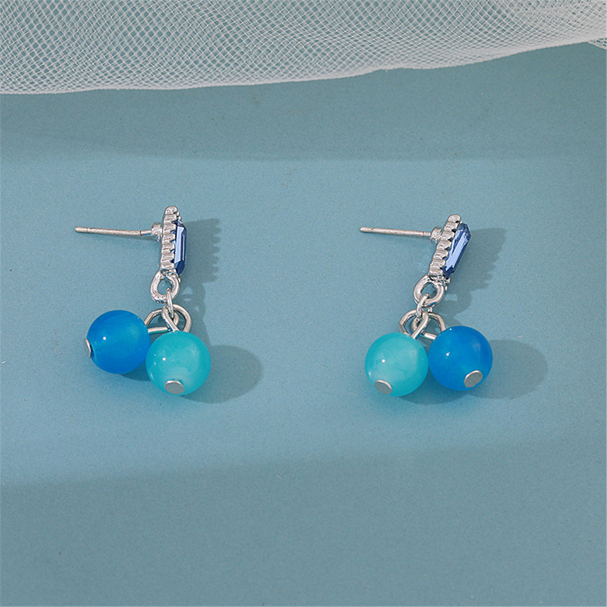 Blue Crystal and Sky Blue Bead Baguette Drop Earrings, drop earrings for women, dainty minimalist design, front view