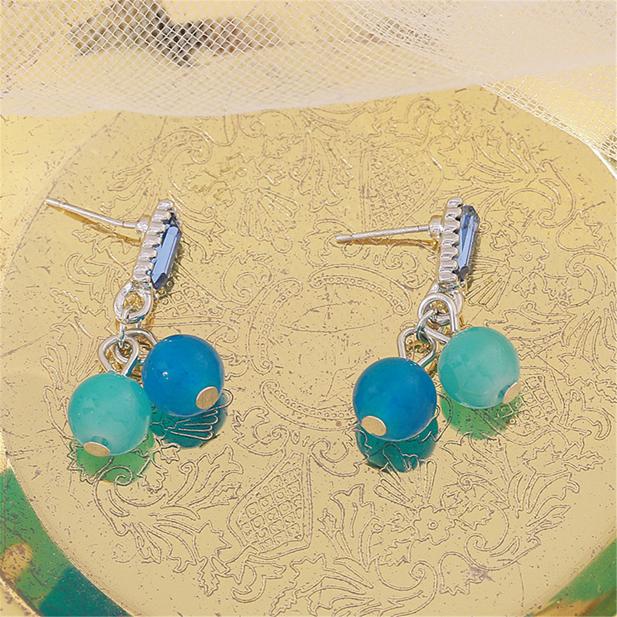Blue Crystal and Sky Blue Bead Baguette Drop Earrings, drop earrings for women, dainty minimalist design, side view
