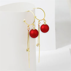 Red Pearl & Cubic Zirconia 18K Gold-Plated Ball Bar Tassel Huggie Earrings