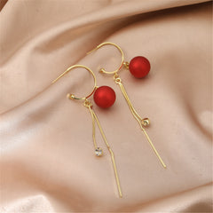 Red Pearl & Cubic Zirconia 18K Gold-Plated Ball Bar Tassel Huggie Earrings