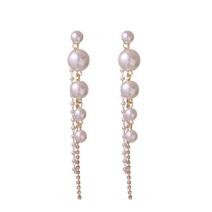 Pearl and Cubic Zirconia 18K Gold-Plated Tassel Drop Earrings, gold drop earrings for women, everyday style, front view