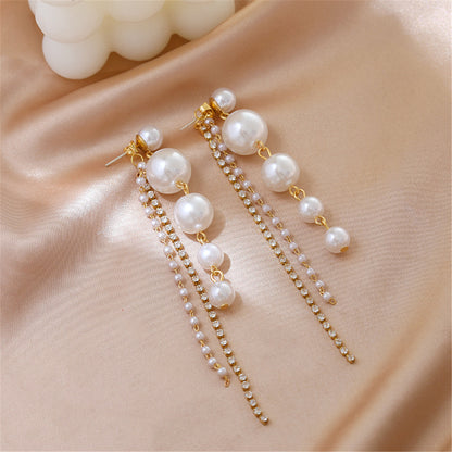 Pearl and Cubic Zirconia 18K Gold-Plated Tassel Drop Earrings, gold drop earrings for women, everyday style, lifestyle look