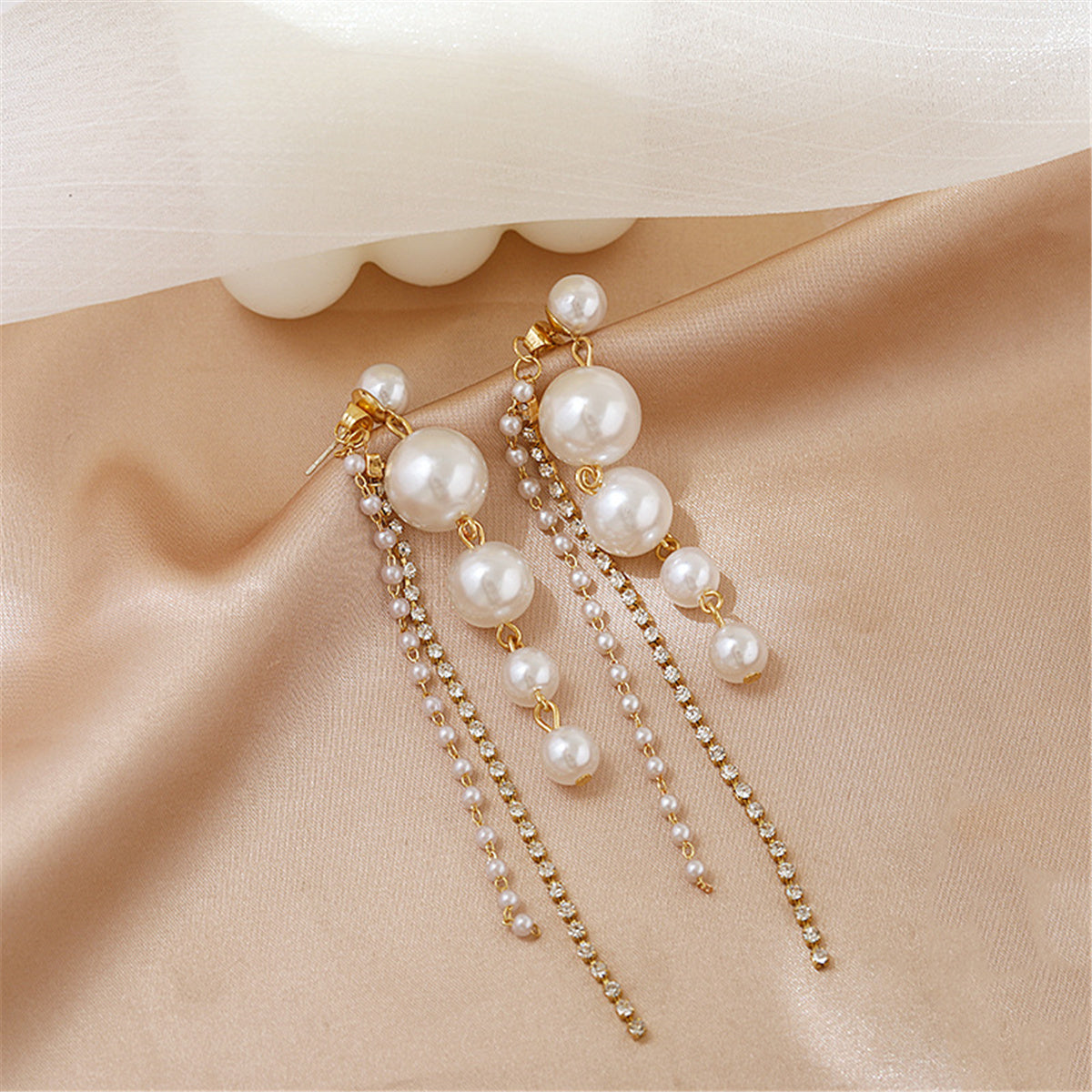 Pearl and Cubic Zirconia 18K Gold-Plated Tassel Drop Earrings, gold drop earrings for women, everyday style, side view