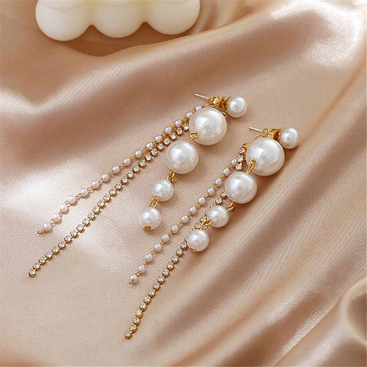 Pearl and Cubic Zirconia 18K Gold-Plated Tassel Drop Earrings, gold drop earrings for women, everyday style, detail close-up