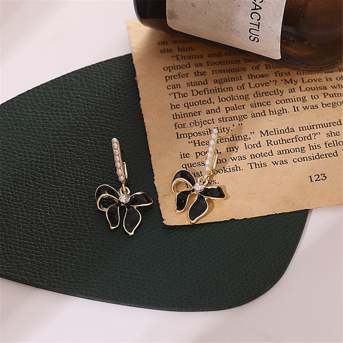 Black Enamel and Pearl Cubic Zirconia-Accent 18K Gold-Plated Bow Drop Earrings, gold drop earrings for women, front view
