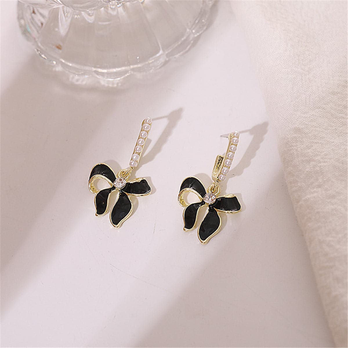 Black Enamel and Pearl Cubic Zirconia-Accent 18K Gold-Plated Bow Drop Earrings, gold drop earrings for women, side view