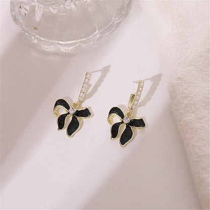Black Enamel and Pearl Cubic Zirconia-Accent 18K Gold-Plated Bow Drop Earrings, gold drop earrings for women, side view