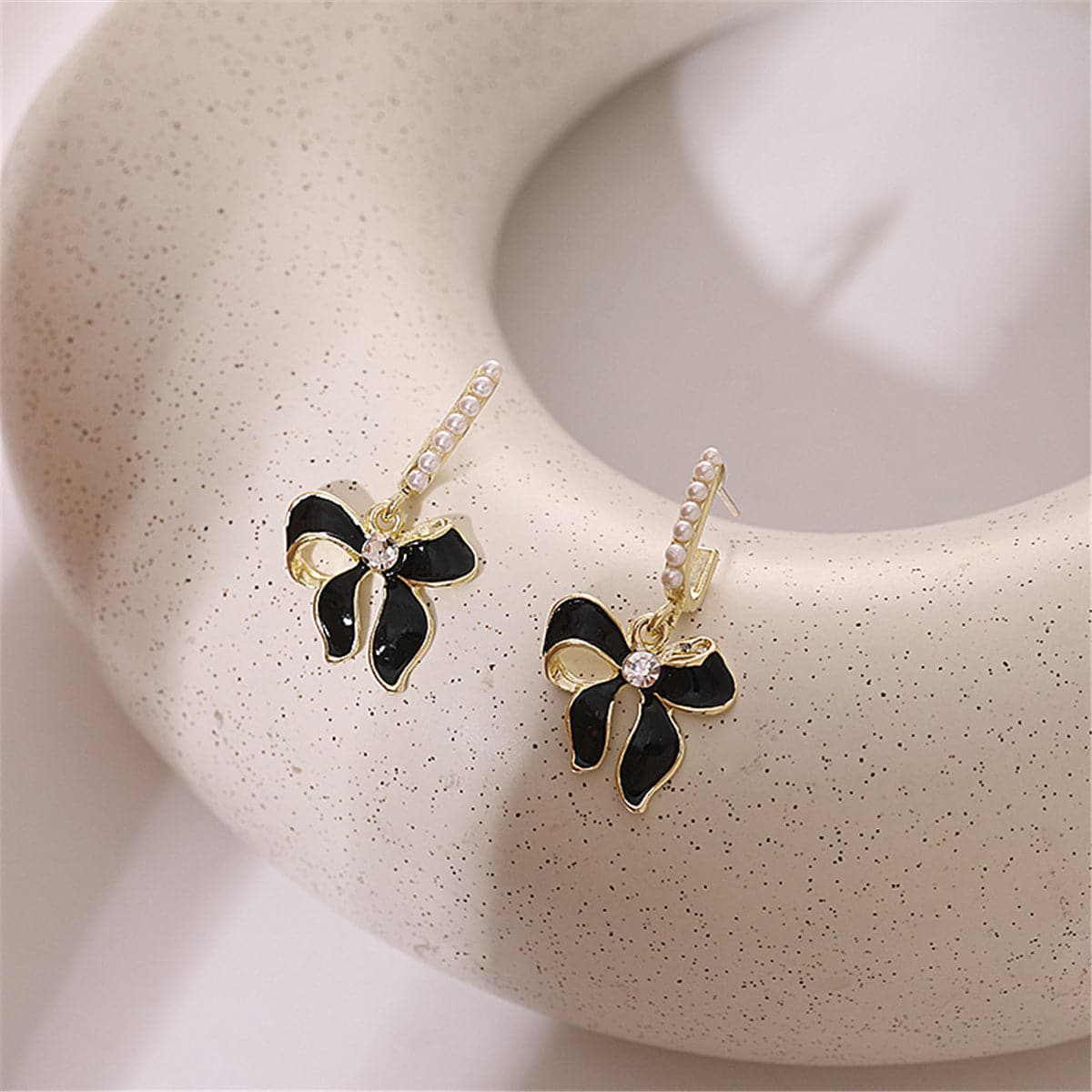 Black Enamel and Pearl Cubic Zirconia-Accent 18K Gold-Plated Bow Drop Earrings, gold drop earrings for women, detail close-up