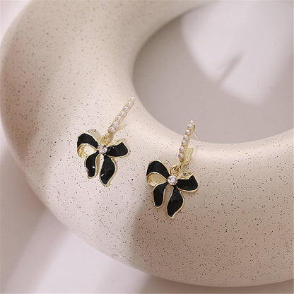 Black Enamel and Pearl Cubic Zirconia-Accent 18K Gold-Plated Bow Drop Earrings, gold drop earrings for women, detail close-up