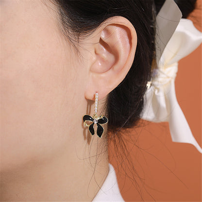 Black Enamel and Pearl Cubic Zirconia-Accent 18K Gold-Plated Bow Drop Earrings, gold drop earrings for women, lifestyle look