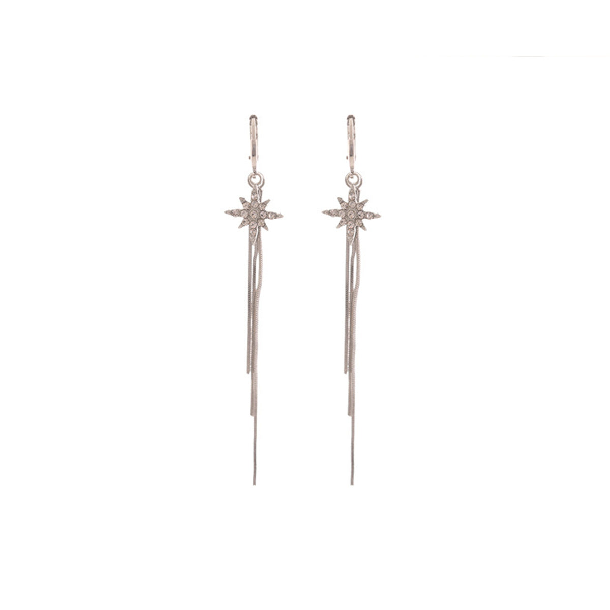 Cubic Zirconia and Silver-Plated Star Tassel Drop Earrings, silver huggie earrings, vintage-inspired design, side view