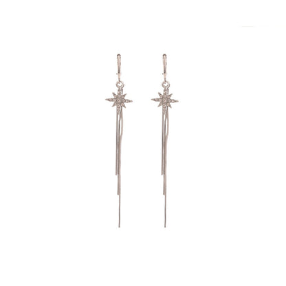 Cubic Zirconia and Silver-Plated Star Tassel Drop Earrings, silver huggie earrings, vintage-inspired design, side view