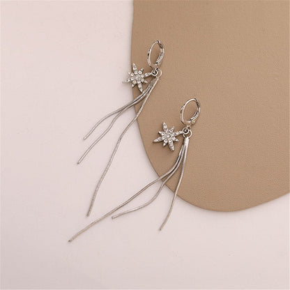 Cubic Zirconia and Silver-Plated Star Tassel Drop Earrings, silver huggie earrings, vintage-inspired design, front view