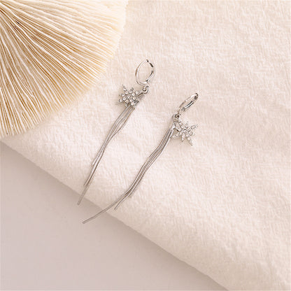Cubic Zirconia and Silver-Plated Star Tassel Drop Earrings, silver huggie earrings, vintage-inspired design, styled look