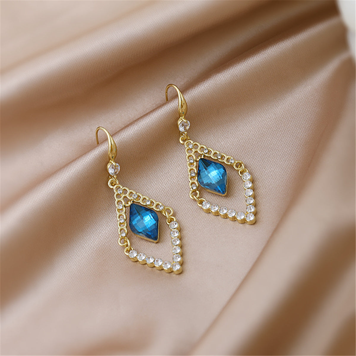 Blue Crystal & Cubic Zirconia Diamond Drop Earrings