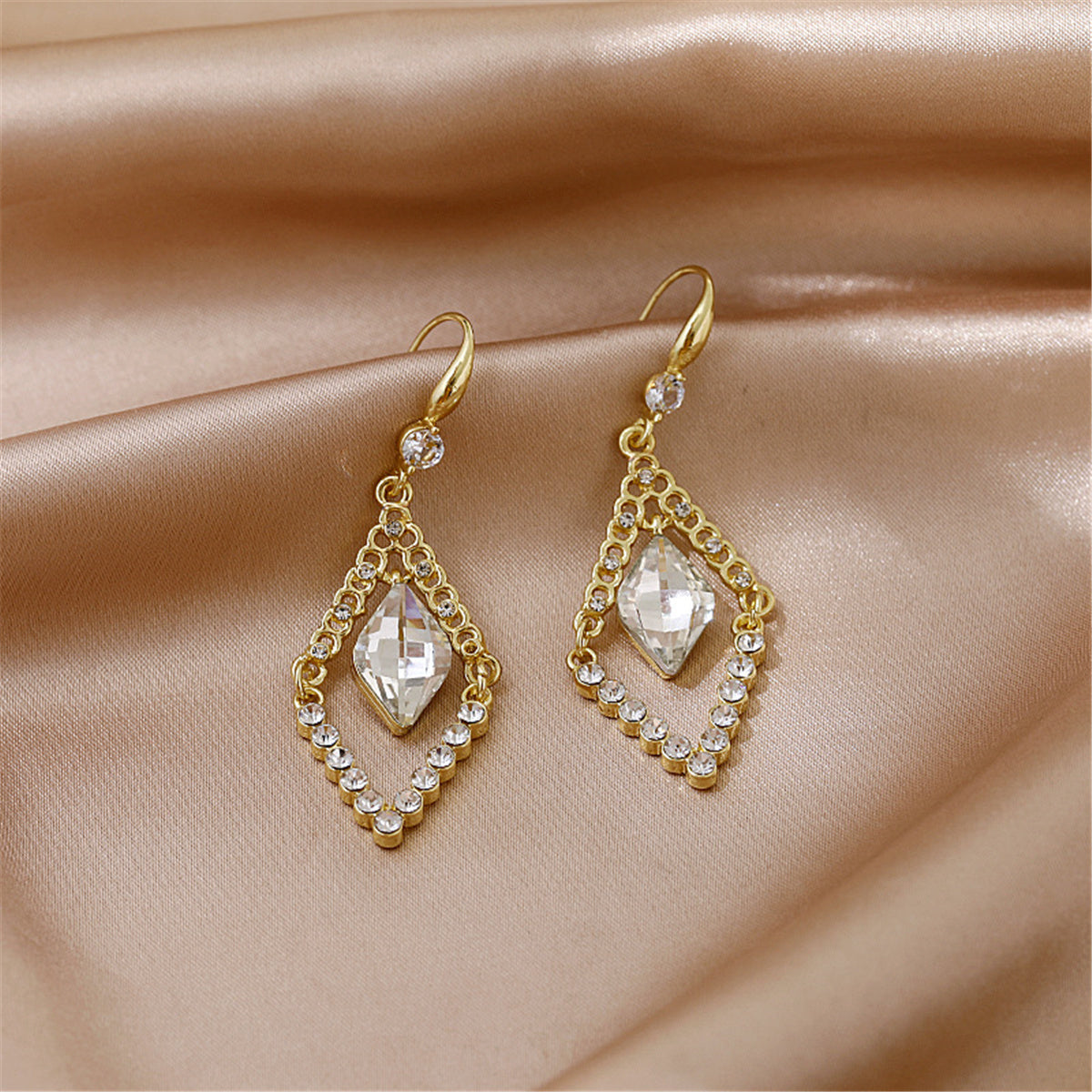 White Crystal and Cubic Zirconia Diamond Drop Earrings, drop earrings for women, botanical inspired, front view