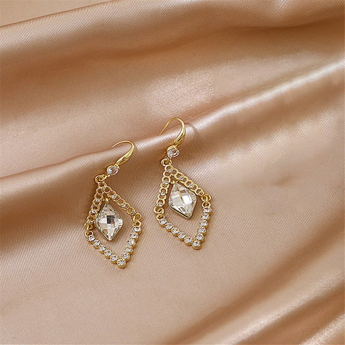 White Crystal and Cubic Zirconia Diamond Drop Earrings, drop earrings for women, botanical inspired, side view