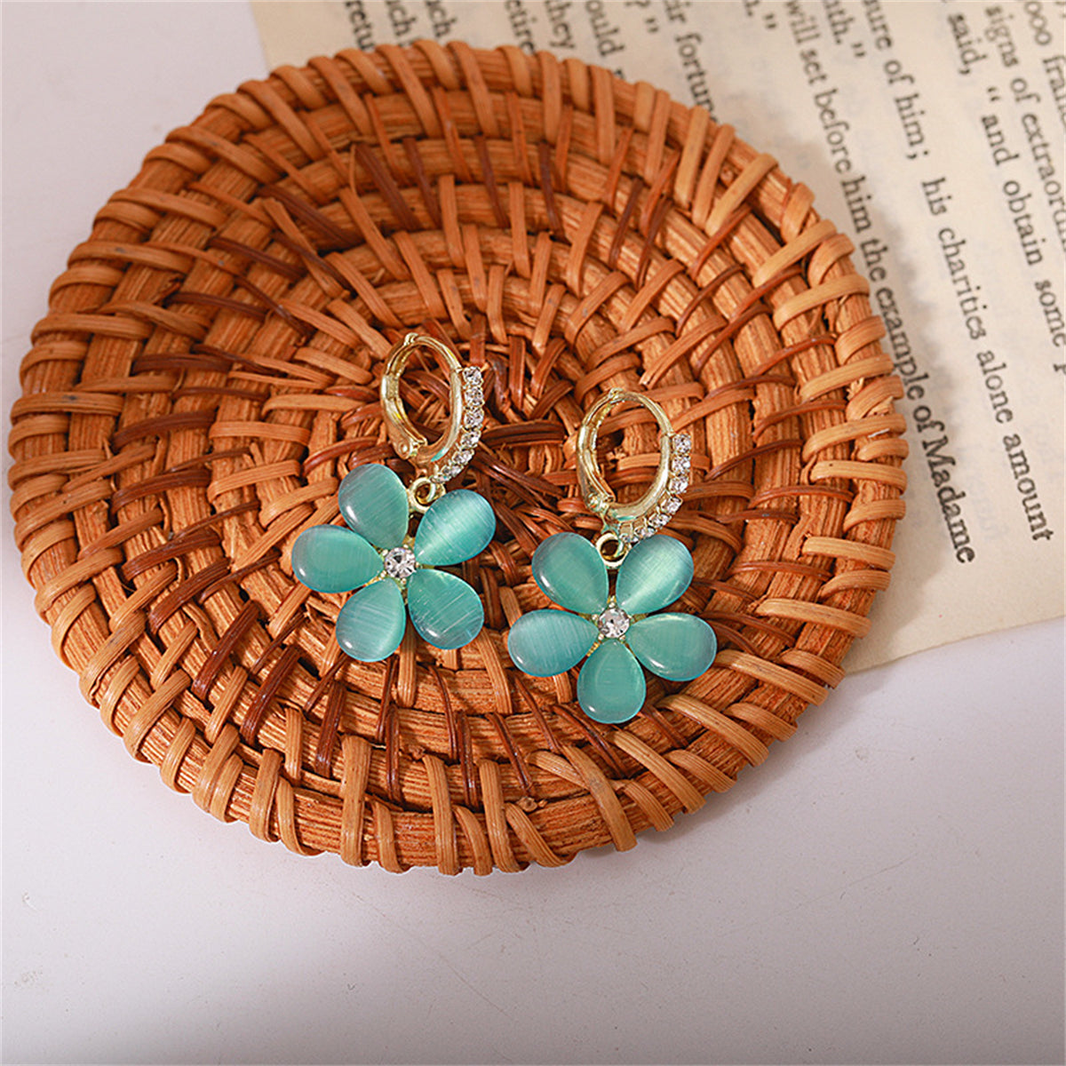Blue Quartz and Cubic Zirconia Flower Huggie Earrings, huggie earrings, elegant gift for her, front view