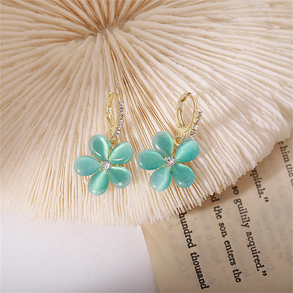 Blue Quartz and Cubic Zirconia Flower Huggie Earrings, huggie earrings, elegant gift for her, side view