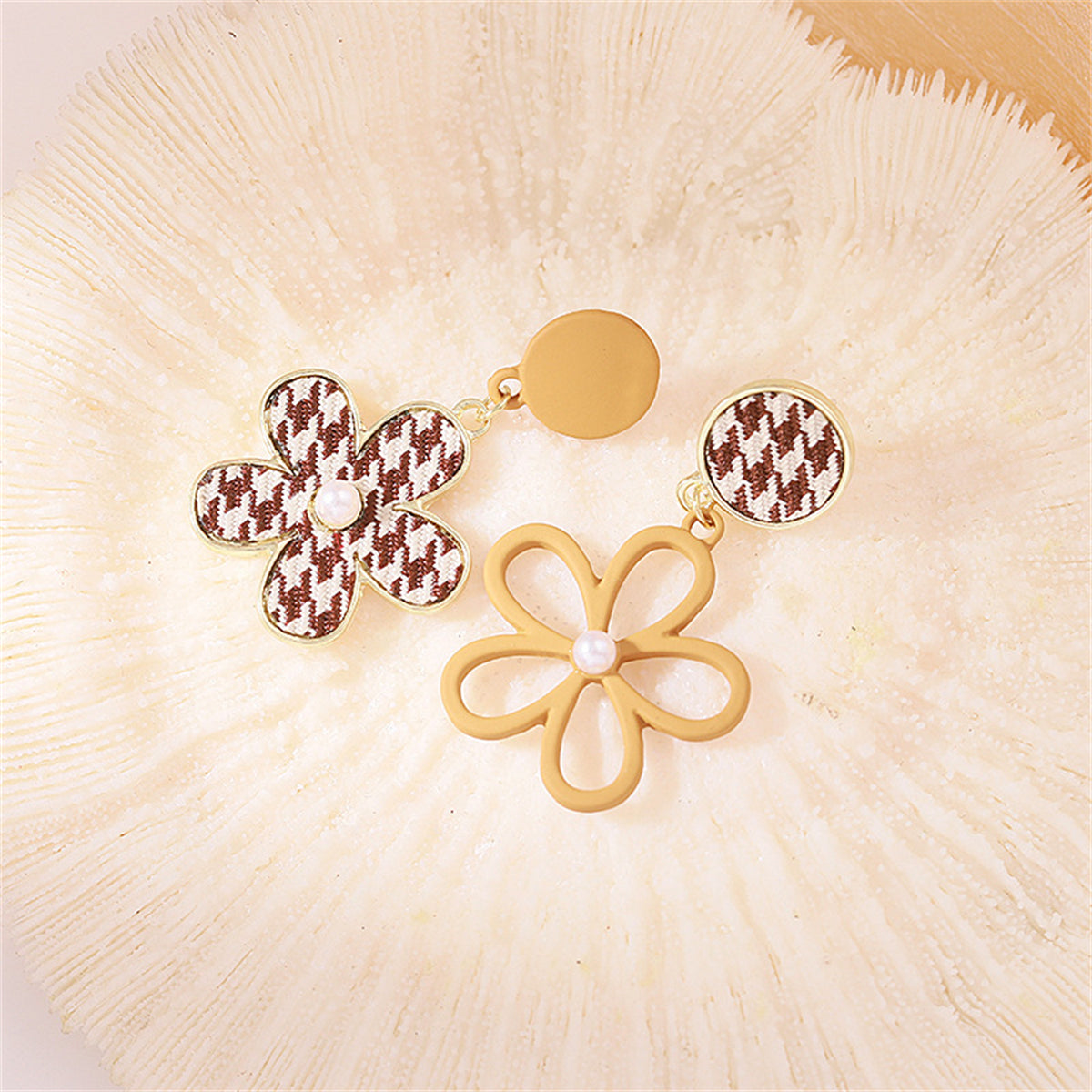 Pearl and Enamel Polyster 18K Gold-Plated Houndstooth Flower Drop Earrings, gold drop earrings for women, front view
