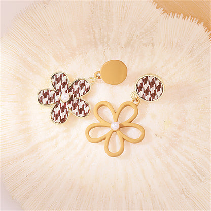 Pearl and Enamel Polyster 18K Gold-Plated Houndstooth Flower Drop Earrings, gold drop earrings for women, front view