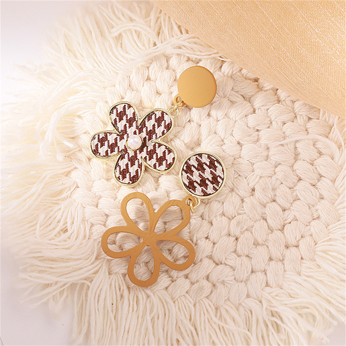 Pearl and Enamel Polyster 18K Gold-Plated Houndstooth Flower Drop Earrings, gold drop earrings for women, side view