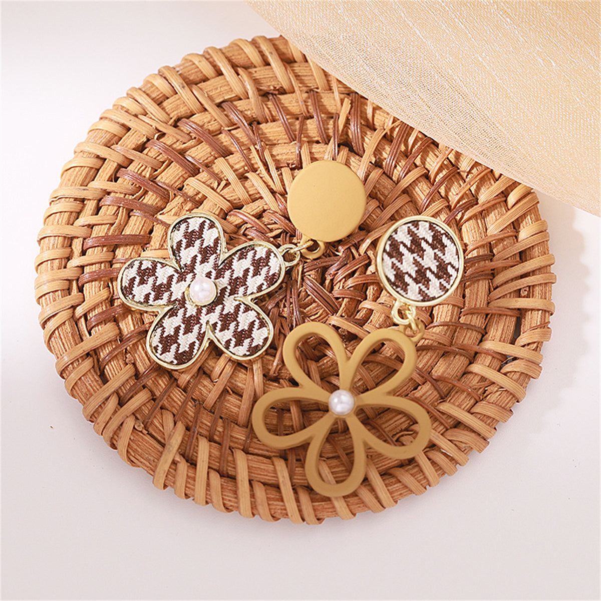 Pearl and Enamel Polyster 18K Gold-Plated Houndstooth Flower Drop Earrings, gold drop earrings for women, lifestyle look