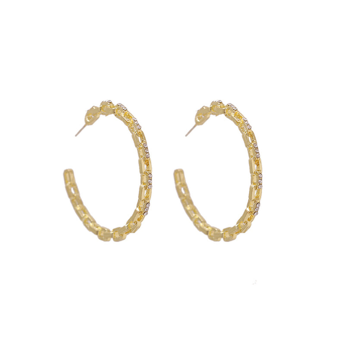Cubic Zirconia and 18K Gold-Plated Chain Hoop Earrings, botanical inspired, front view