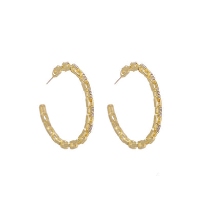 Cubic Zirconia and 18K Gold-Plated Chain Hoop Earrings, botanical inspired, front view