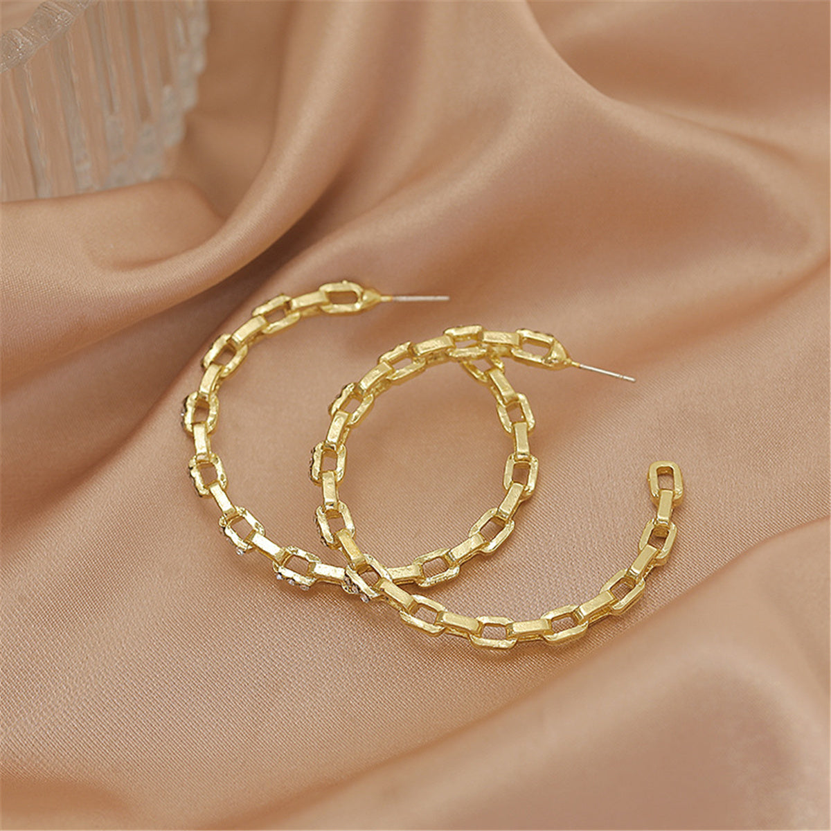 Cubic Zirconia and 18K Gold-Plated Chain Hoop Earrings, botanical inspired, side view