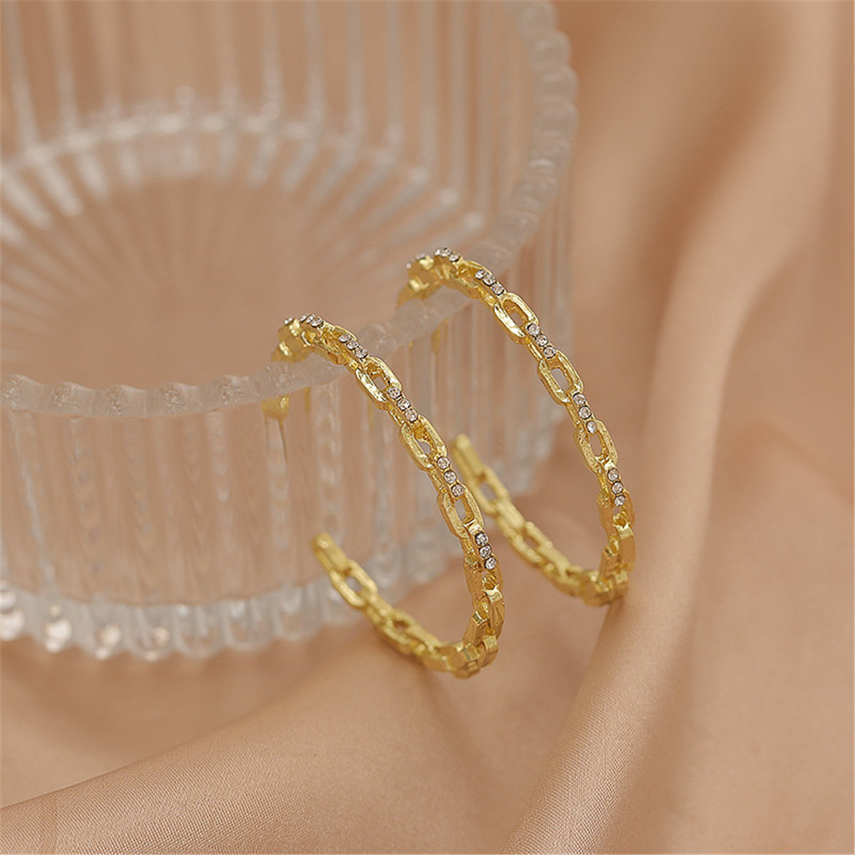 Cubic Zirconia and 18K Gold-Plated Chain Hoop Earrings, botanical inspired, lifestyle look