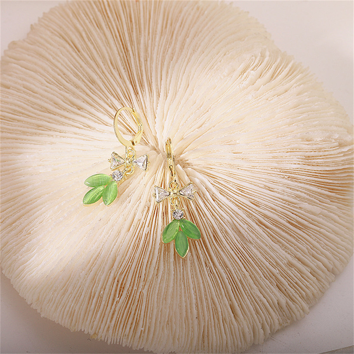 Green Cat's Eye & Cubic Zirconia Bow Leaves Huggie Earrings