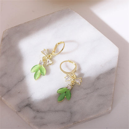 Green Cat's Eye and Cubic Zirconia Bow Leaves Huggie Earrings, huggie earrings, botanical inspired, styled look
